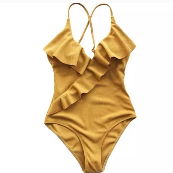 CUPSHE Yellow Solid One-piece Swimsuit Falbala VNeck Ruffle Sexy Monokini Size M - Picture 3 of 8